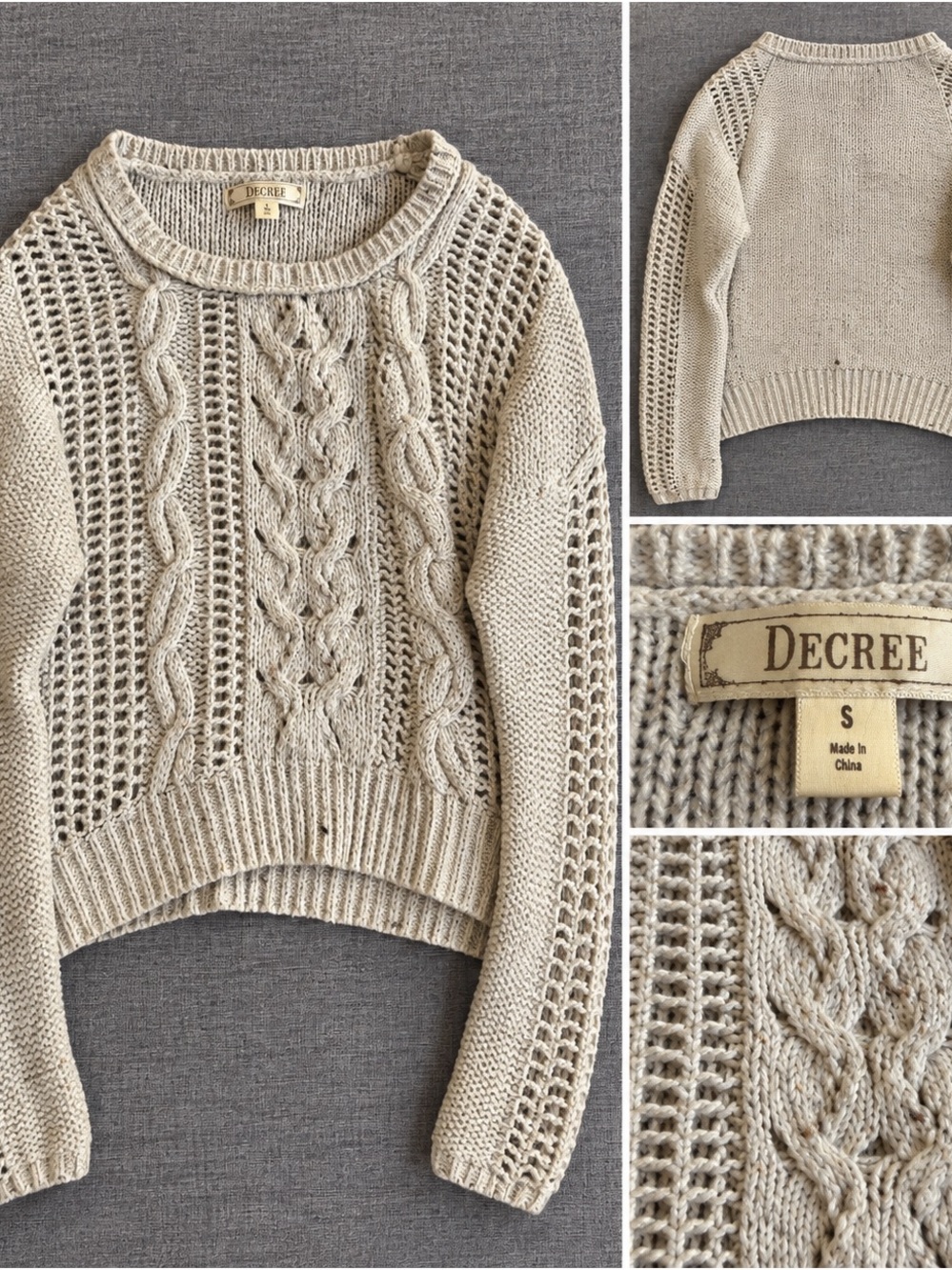 Decree Cream Openwork Cable-Knit Cropped Sweater
